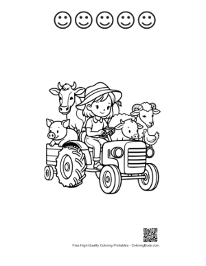 Thumbnail: Happy Child Driving a Tractor Loaded with Various Farm Animals Printable and 5 Happy Face Outline