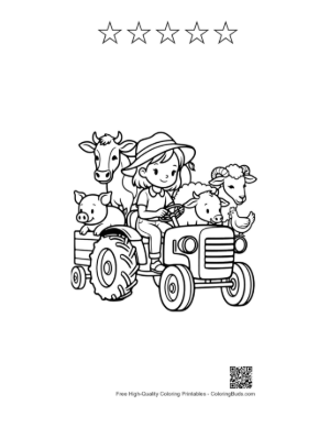 Thumbnail: Happy Child Driving a Tractor Loaded with Various Farm Animals Printable and 5 Star Outline