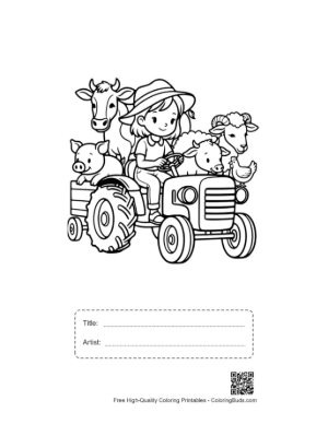 Thumbnail: Happy Child Driving a Tractor Loaded with Various Farm Animals Printable with Title and Artist Box