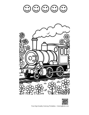Thumbnail: Antique Steam Train Traveling Along a Flowery Railway Track Printable and 5 Happy Face Outline