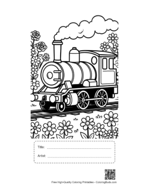 Thumbnail: Antique Steam Train Traveling Along a Flowery Railway Track Printable with Title and Artist Box