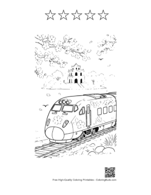 Thumbnail: Bullet Train Speeding Past a Traditional Pagoda Under a Clear Sky Printable and 5 Star Outline