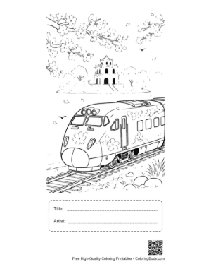 Thumbnail: Bullet Train Speeding Past a Traditional Pagoda Under a Clear Sky Printable with Title and Artist Box