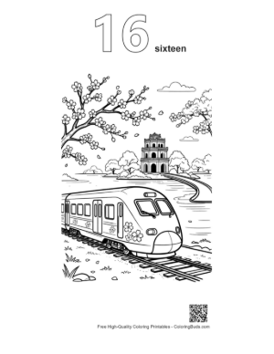 Thumbnail: Bullet Train Traveling Through a Valley with Ancient Architecture Printable Outline Number 16