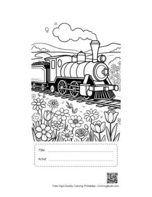 Thumbnail: Classic Locomotive Traveling Past a Field of Wildflowers Printable with Title and Artist Box