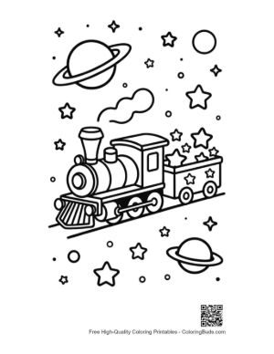 Thumbnail: Cosmic Steam Train Traveling Through a Galaxy of Planets Printable