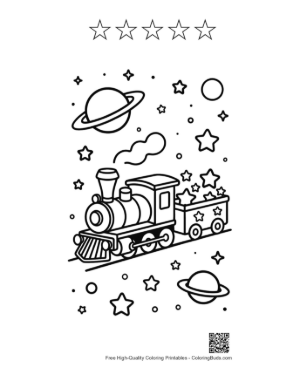 Thumbnail: Cosmic Steam Train Traveling Through a Galaxy of Planets Printable and 5 Star Outline