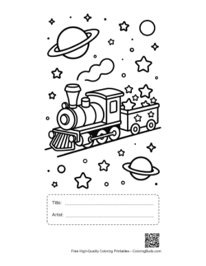 Thumbnail: Cosmic Steam Train Traveling Through a Galaxy of Planets Printable with Title and Artist Box