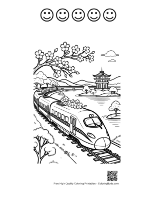 Thumbnail: Electric Bullet Train Crossing a Bridge Near a Mountain Lake Printable and 5 Happy Face Outline