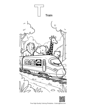 Thumbnail: Express Train Passing a Panda and Giraffe in the Wild Printable Outline Alphabet T Train