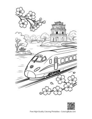 Thumbnail: Fast Bullet Train Passing by Traditional Japanese Temples Printable