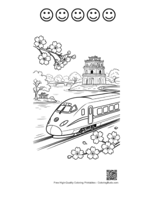 Thumbnail: Fast Bullet Train Passing by Traditional Japanese Temples Printable and 5 Happy Face Outline
