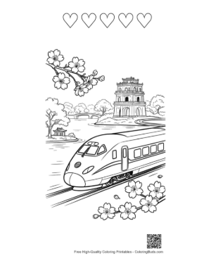 Thumbnail: Fast Bullet Train Passing by Traditional Japanese Temples Printable and 5 Heart Outline