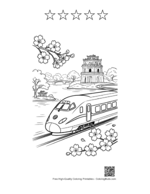 Thumbnail: Fast Bullet Train Passing by Traditional Japanese Temples Printable and 5 Star Outline