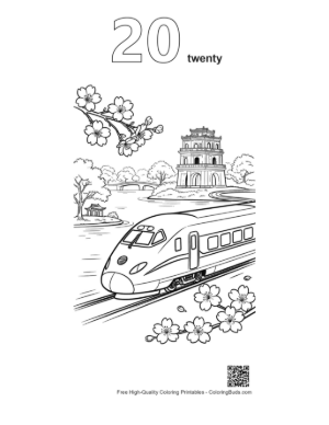 Thumbnail: Fast Bullet Train Passing by Traditional Japanese Temples Printable Outline Number 20