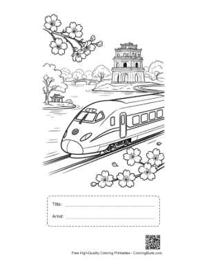 Thumbnail: Fast Bullet Train Passing by Traditional Japanese Temples Printable with Title and Artist Box