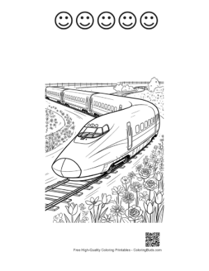 Thumbnail: Futuristic Shinkansen Train Rushing Toward a Mountain Tunnel Printable and 5 Happy Face Outline