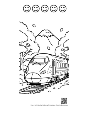 Thumbnail: Japanese Bullet Train Racing Toward a Snow-Capped Mountain Peak Printable and 5 Happy Face Outline