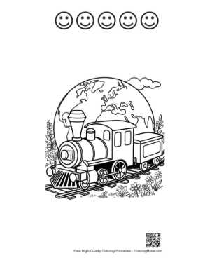 Thumbnail: Locomotive Puffing Smoke in Front of a Giant Planet Earth Printable and 5 Happy Face Outline