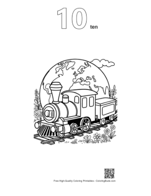 Thumbnail: Locomotive Puffing Smoke in Front of a Giant Planet Earth Printable Outline Number 10