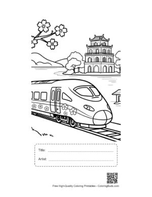 Thumbnail: Modern Rail Transport Traveling Through a Historic Asian Village Printable with Title and Artist Box