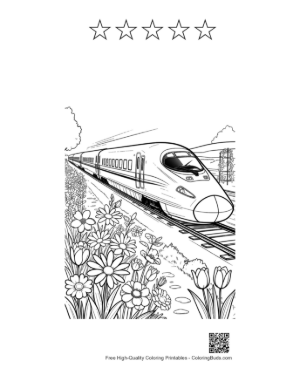 Thumbnail: Modern Train Traveling Along a Hillside Covered in Wildflowers Printable and 5 Star Outline