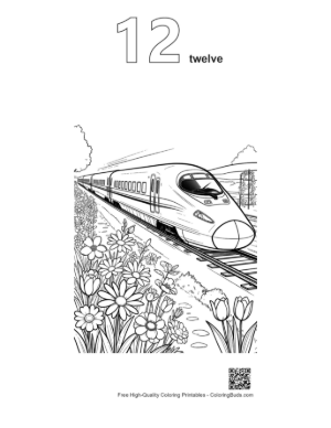 Thumbnail: Modern Train Traveling Along a Hillside Covered in Wildflowers Printable Outline Number 12