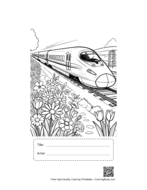Thumbnail: Modern Train Traveling Along a Hillside Covered in Wildflowers Printable with Title and Artist Box
