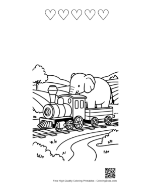 Thumbnail: Powerful Steam Engine Transporting a Happy Elephant Passenger Printable and 5 Heart Outline