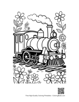Thumbnail: Retro Steam Locomotive Surrounded by Blooming Spring Flowers Printable