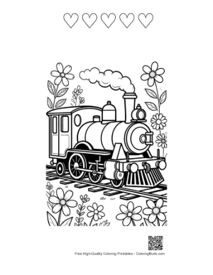 Thumbnail: Retro Steam Locomotive Surrounded by Blooming Spring Flowers Printable and 5 Heart Outline