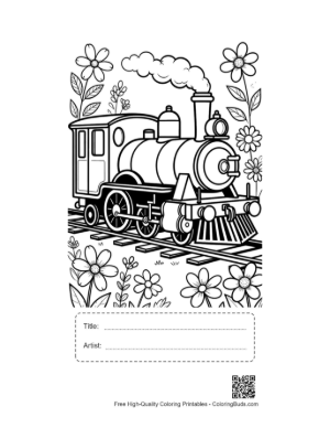 Thumbnail: Retro Steam Locomotive Surrounded by Blooming Spring Flowers Printable with Title and Artist Box