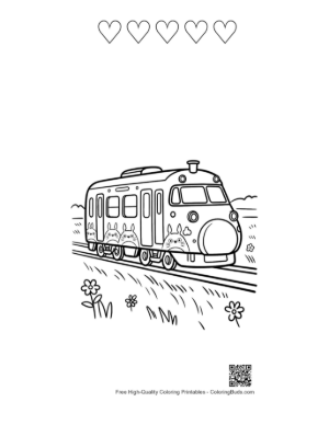 Thumbnail: Smiling Bullet Train Character Navigating a Gentle Curve Printable and 5 Heart Outline