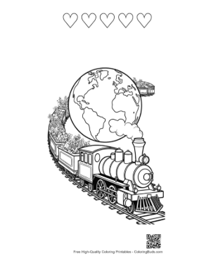 Thumbnail: Steam Engine on a Track Wrapping Around the World Globe Printable and 5 Heart Outline