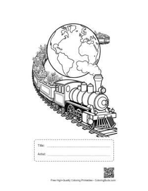 Thumbnail: Steam Engine on a Track Wrapping Around the World Globe Printable with Title and Artist Box