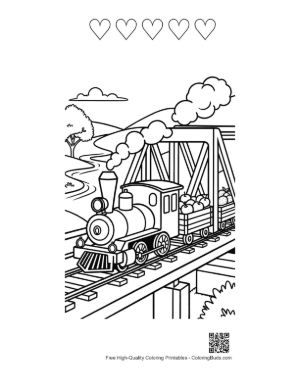 Thumbnail: Steam Engine Puffing Smoke Over a Scenic Valley Bridge Printable and 5 Heart Outline