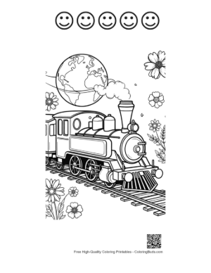 Thumbnail: Steam Engine Traveling Across a Floral World Map Background Printable and 5 Happy Face Outline