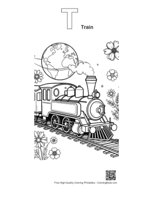 Thumbnail: Steam Engine Traveling Across a Floral World Map Background Printable Outline Alphabet T Train