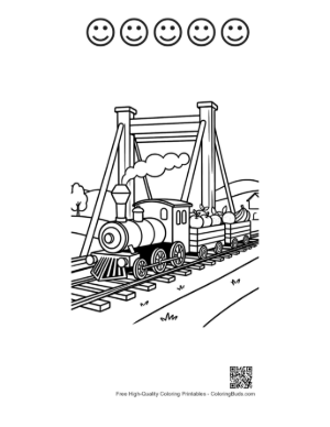 Thumbnail: Steam Train Engine Crossing a High Suspension Railway Bridge Printable and 5 Happy Face Outline