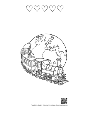 Thumbnail: Steam Train Traveling Around the Globe with Fluffy Clouds Printable and 5 Heart Outline