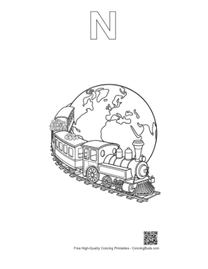 Thumbnail: Steam Train Traveling Around the Globe with Fluffy Clouds Printable Outline Alphabet N
