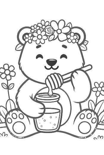 Baby Grizzly Bear with a Flower Crown Enjoying Honey Printable