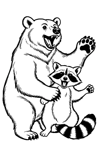 Grizzly Bear Roaring with Playful Raccoon