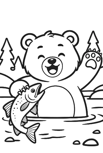 Happy Bear Cub Playing in the River with a Fresh Catch Printable