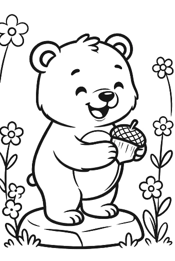 Happy Grizzly Bear Enjoying a Forest Snack Coloring Page Printable