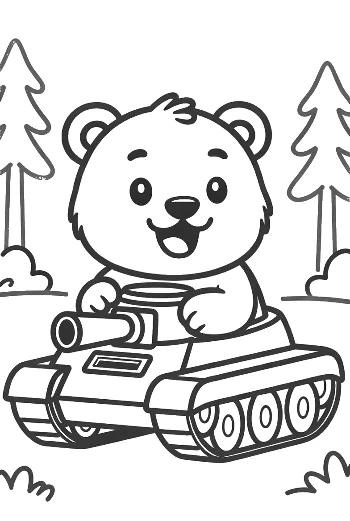 Little Grizzly Bear Sitting on a Military Tank Illustration Printable