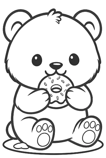 Hungry Panda Cub Holding a Large Donut Coloring Sheet Printable