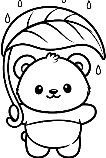 Panda Cub Holding a Large Leaf as an Umbrella in Rain Printable