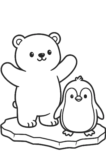 Adorable Polar Bear Waving with a Penguin Companion Printable