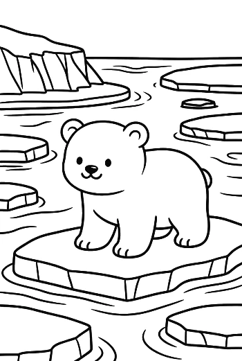 Cute Baby Polar Bear Walking on Ice Coloring Page Printable